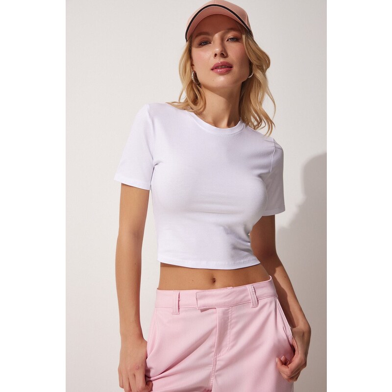 Happiness İstanbul Women's White Crew Neck Crop T-Shirt