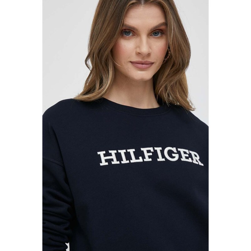 Bavlněná mikina Tommy Hilfiger dámská, tmavomodrá barva, s aplikací