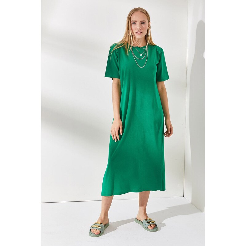 Olalook Women's Grass Green Side Slit Oversize Cotton Dress