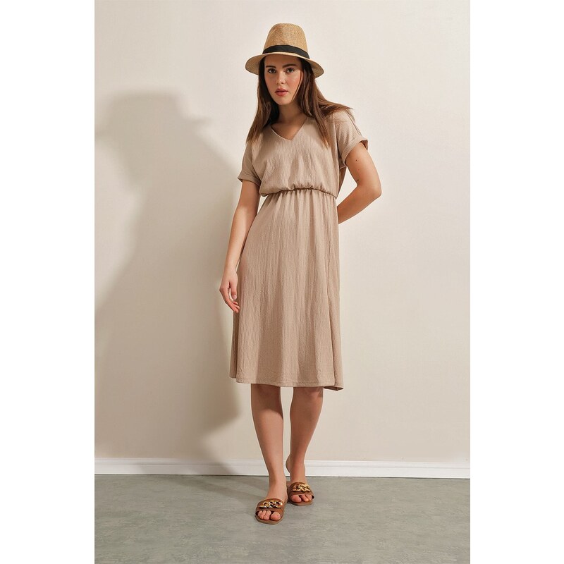 Bigdart 2378 V-Neck Knitted Dress with Slits - Biscuit