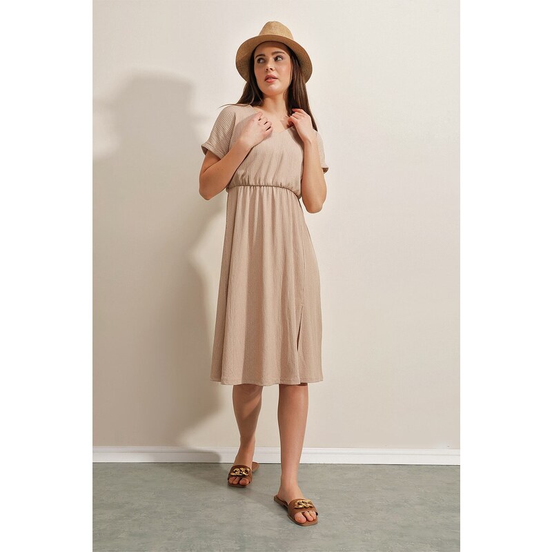 Bigdart 2378 V-Neck Knitted Dress with Slits - Biscuit