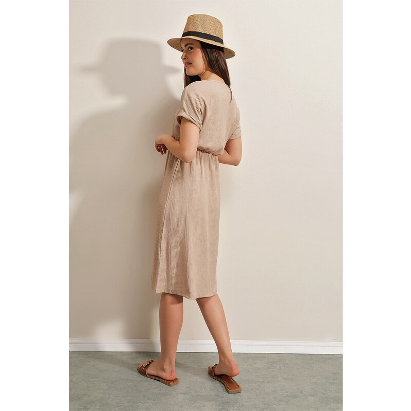 Bigdart 2378 V-Neck Knitted Dress with Slits - Biscuit