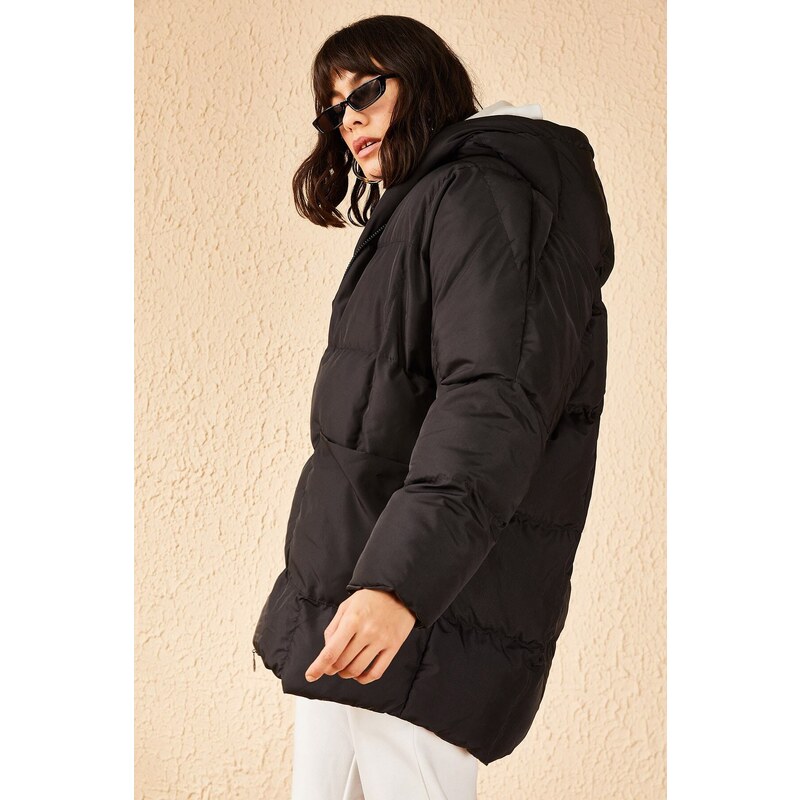 Bianco Lucci Women's Black Oversized Down Coat with Large Double Pockets Hooded