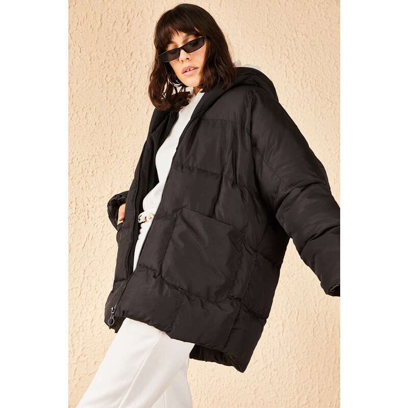 Bianco Lucci Women's Black Oversized Down Coat with Large Double Pockets Hooded
