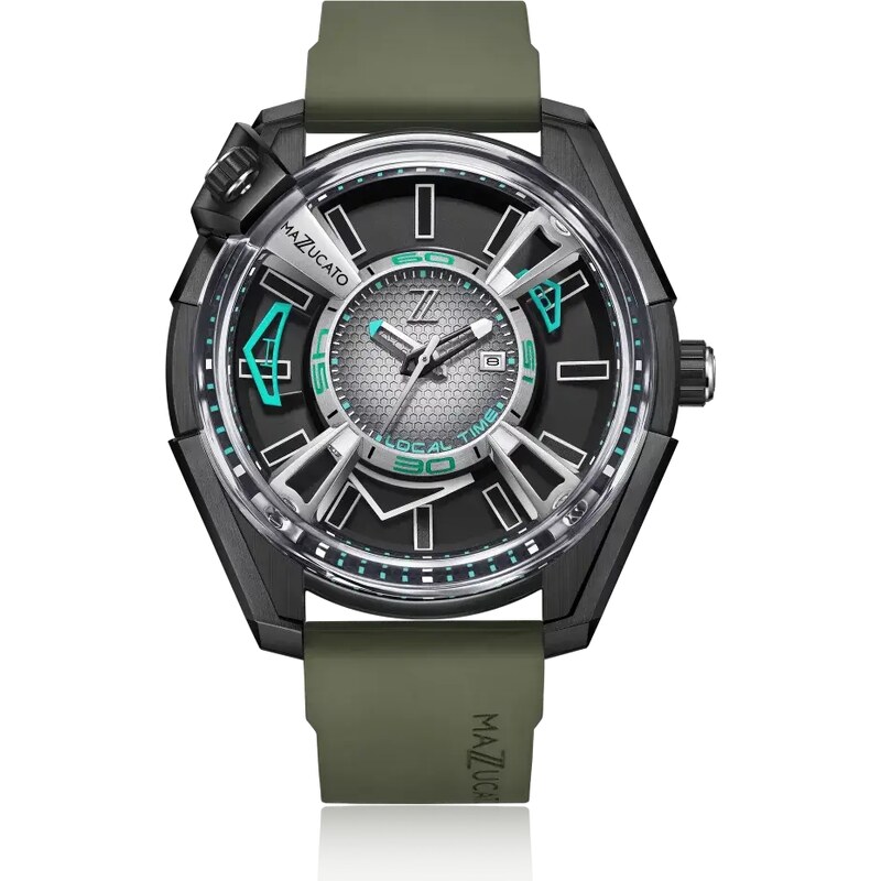 Černé pánské hodinky Mazzucato Watches s gumovým páskem LAX Dual Time Black / Green - 48MM Automatic
