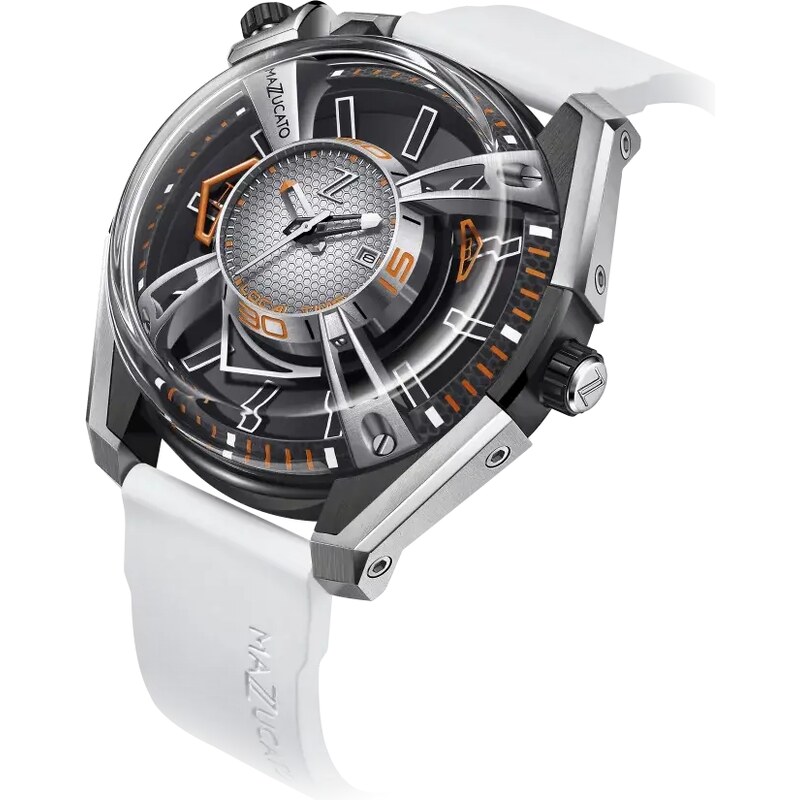 Stříbrné pánské hodinky Mazzucato Watches s gumovým páskem LAX Dual Time White - 48MM Automatic