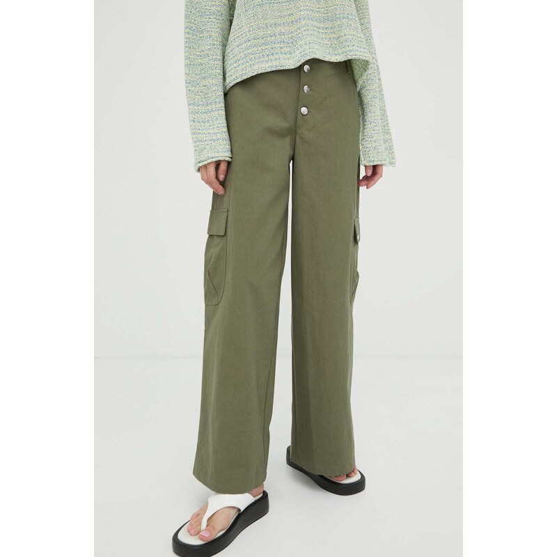 Bavlněné kalhoty Résumé zelená barva, široké, high waist