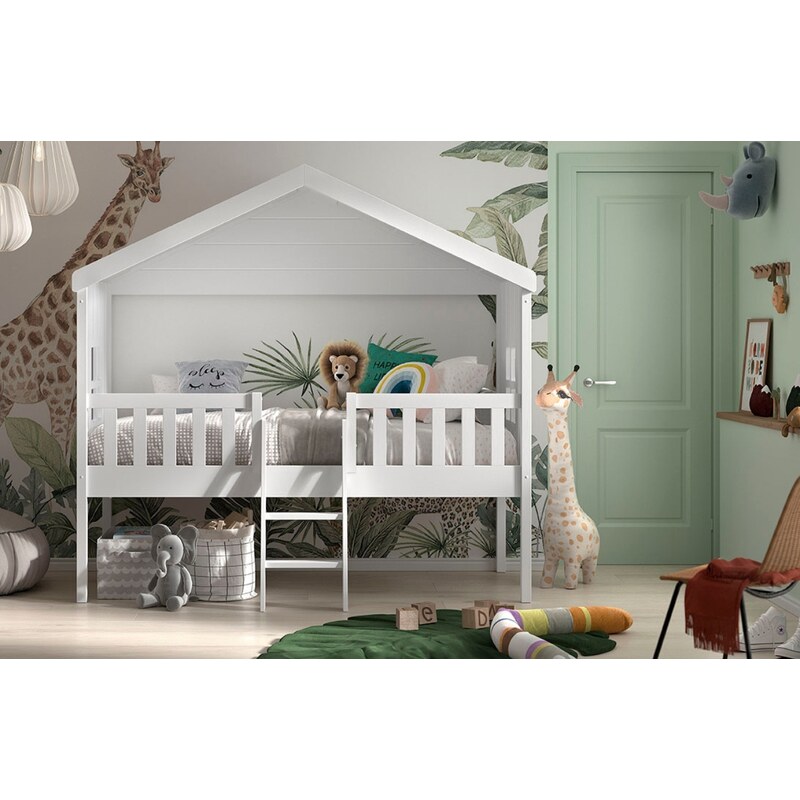 Bílá borovicová dětská postel Vipack Housebed 90 x 200 cm se žebříkem