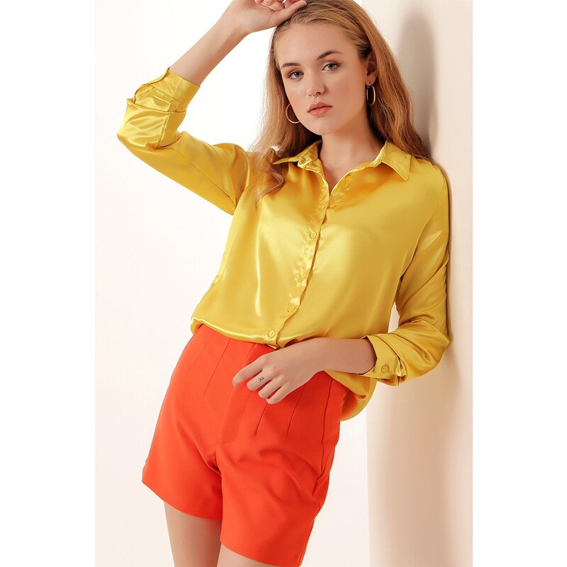 Bigdart 3964 Lightly Flowy Satin Shirt - Yellow
