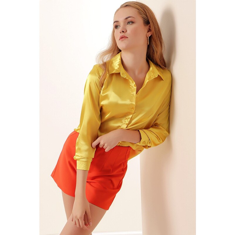 Bigdart 3964 Lightly Flowy Satin Shirt - Yellow