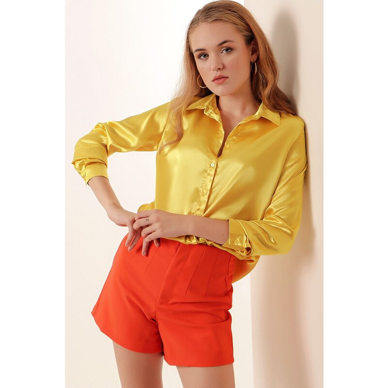 Bigdart 3964 Lightly Flowy Satin Shirt - Yellow