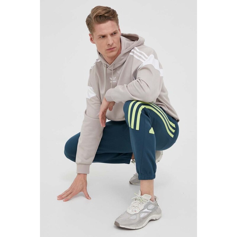 Mikina adidas Originals pánská, béžová barva, s kapucí, vzorovaná