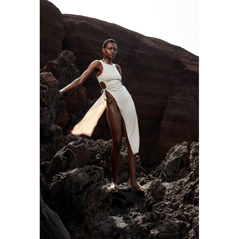 Trendyol Beige Fitted Midi Knitted Beach Dress with a Slit 115740390