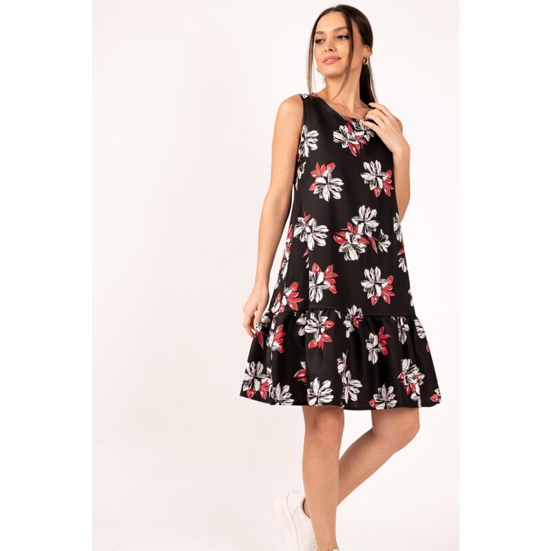 armonika Women's Black Large Floral Print Sleeveless Dress