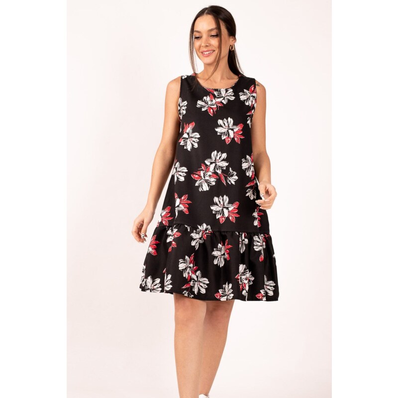 armonika Women's Black Large Floral Print Sleeveless Dress