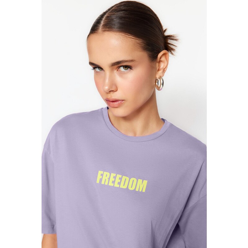 Trendyol Lilac 100% Cotton Slogan Printed Relaxed Crewneck Knitted T-Shirt