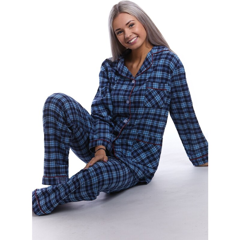 Naspani Modré kárované elegantní teplé flanelové pyžamo dámské 1DF0021