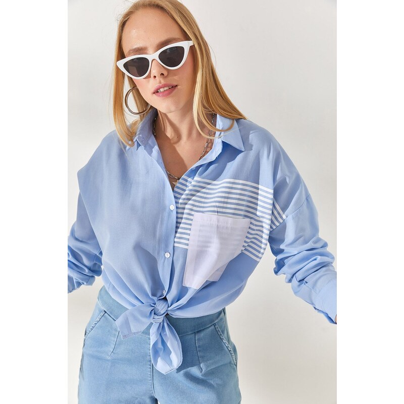 Olalook Bebe Blue Pocket Detailed Oversized Woven Shirt