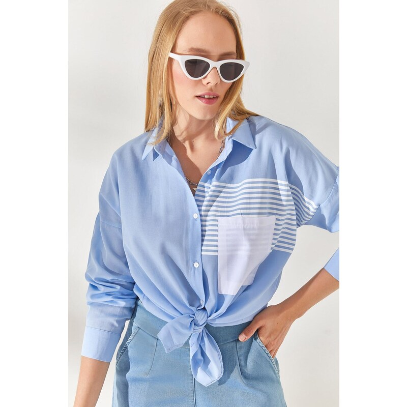 Olalook Bebe Blue Pocket Detailed Oversized Woven Shirt