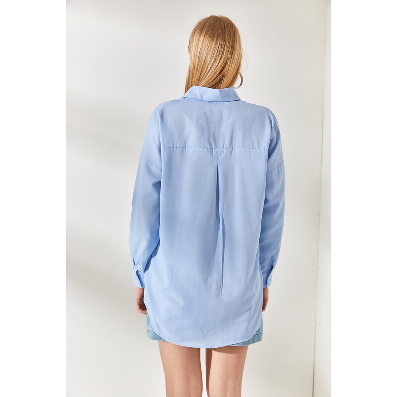 Olalook Bebe Blue Pocket Detailed Oversized Woven Shirt