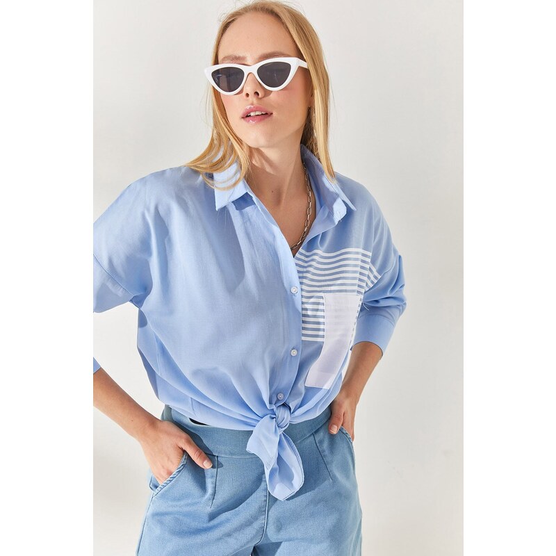 Olalook Bebe Blue Pocket Detailed Oversized Woven Shirt