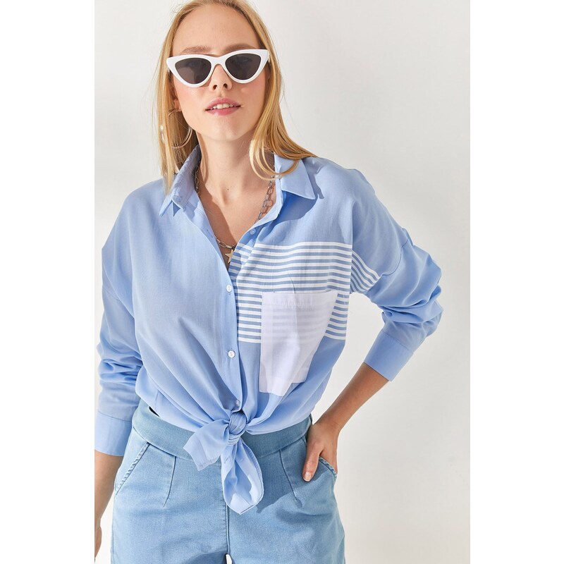 Olalook Bebe Blue Pocket Detailed Oversized Woven Shirt