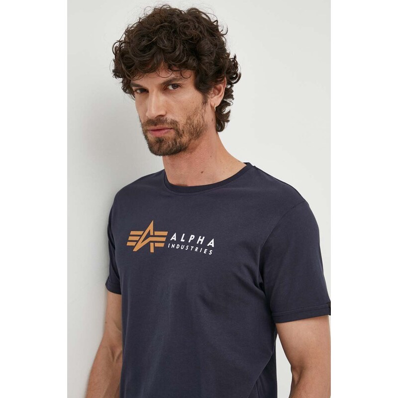 Bavlněné tričko Alpha Industries Alpha Label T 118502 07 tmavomodrá barva, s potiskem, 118502.07-navy