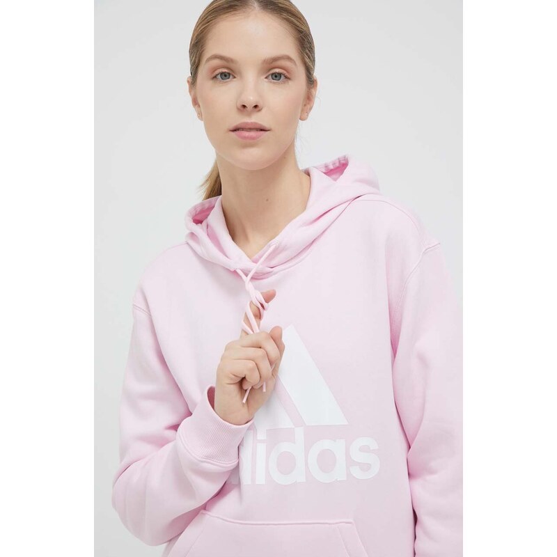 Mikina adidas dámská, růžová barva, s kapucí, s potiskem