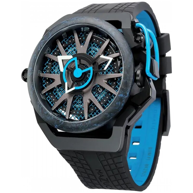 Černé pánské hodinky Mazzucato Watches s gumovým páskem RIM Monza Black / Blue - 48MM Automatic