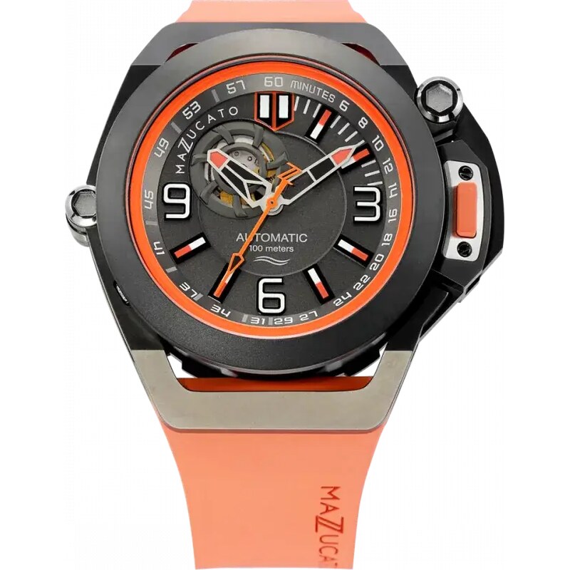 Černé pánské hodinky Mazzucato Watches s gumovým páskem RIM Scuba Black / Orange - 48MM Automatic