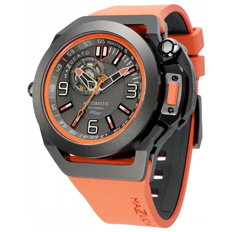 Černé pánské hodinky Mazzucato Watches s gumovým páskem RIM Scuba Black / Orange - 48MM Automatic