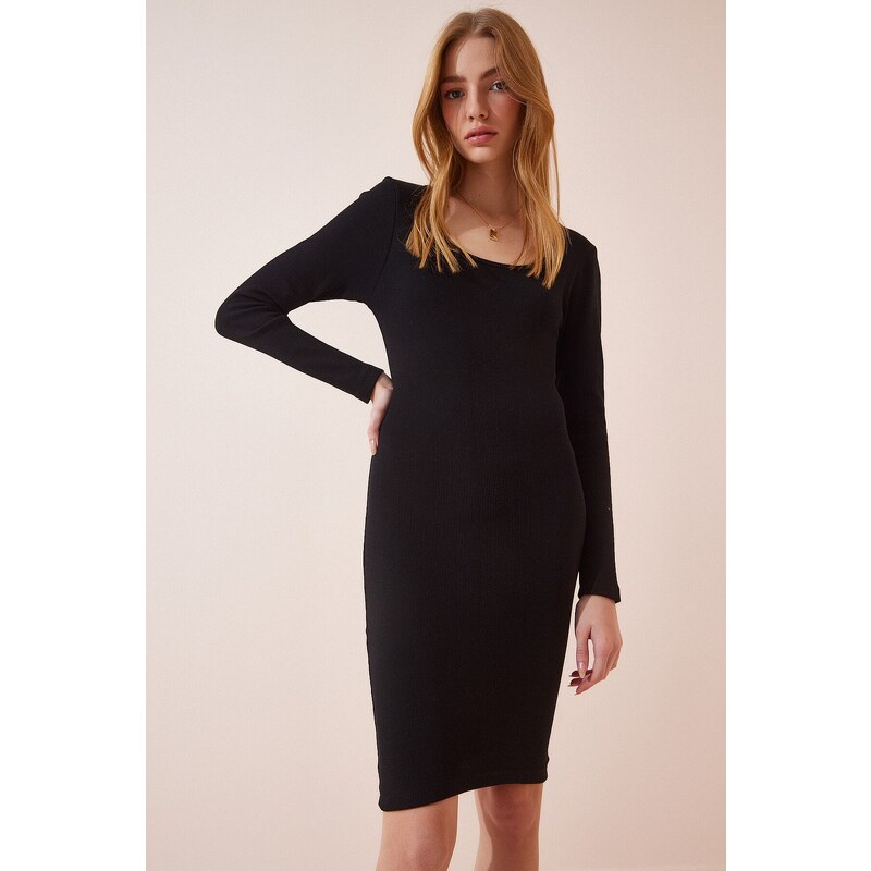 Happiness İstanbul Women's Black Square Collar Lycra Corded Knitted Dress