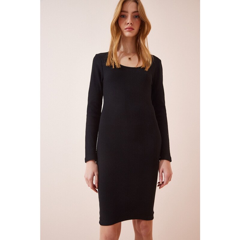 Happiness İstanbul Women's Black Square Collar Lycra Corded Knitted Dress