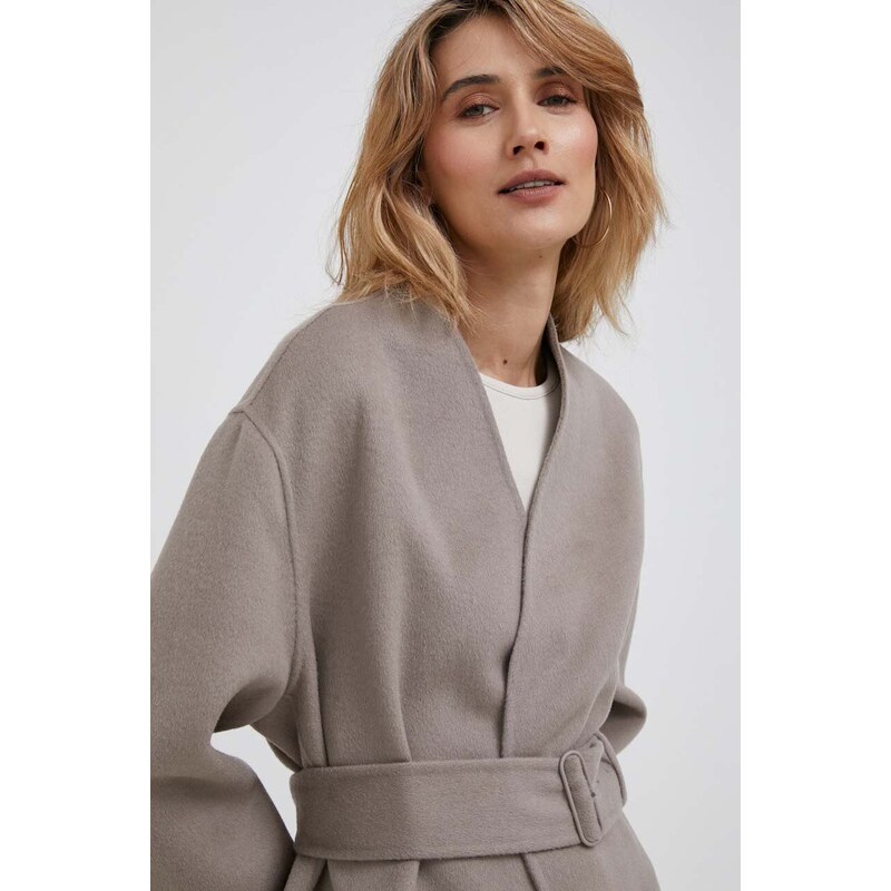 Vlněný kabát Calvin Klein béžová barva, přechodný, bez zapínání