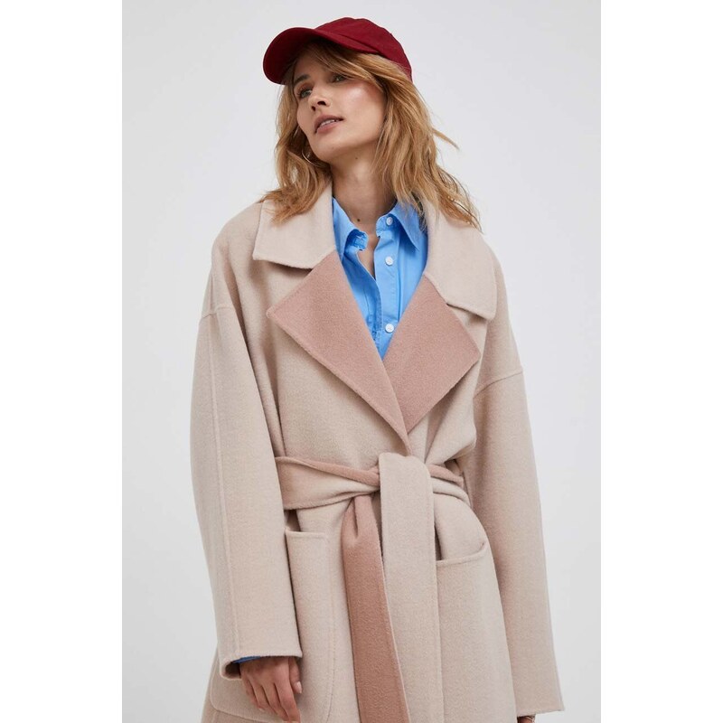 Oboustranný vlněný kabát Calvin Klein růžová barva, bez zapínání