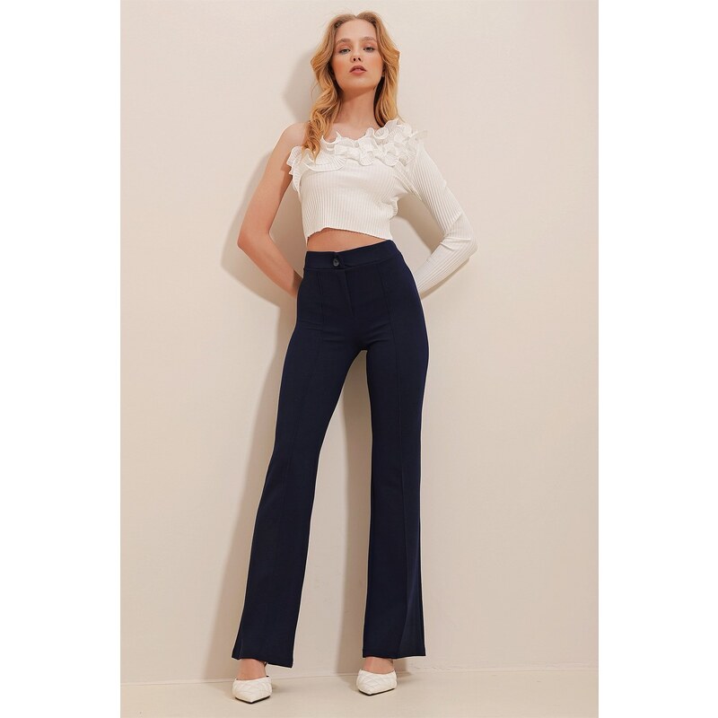 Trend Alaçatı Stili Women's Navy Blue High Waist Front Wide Leg Lycra Trousers
