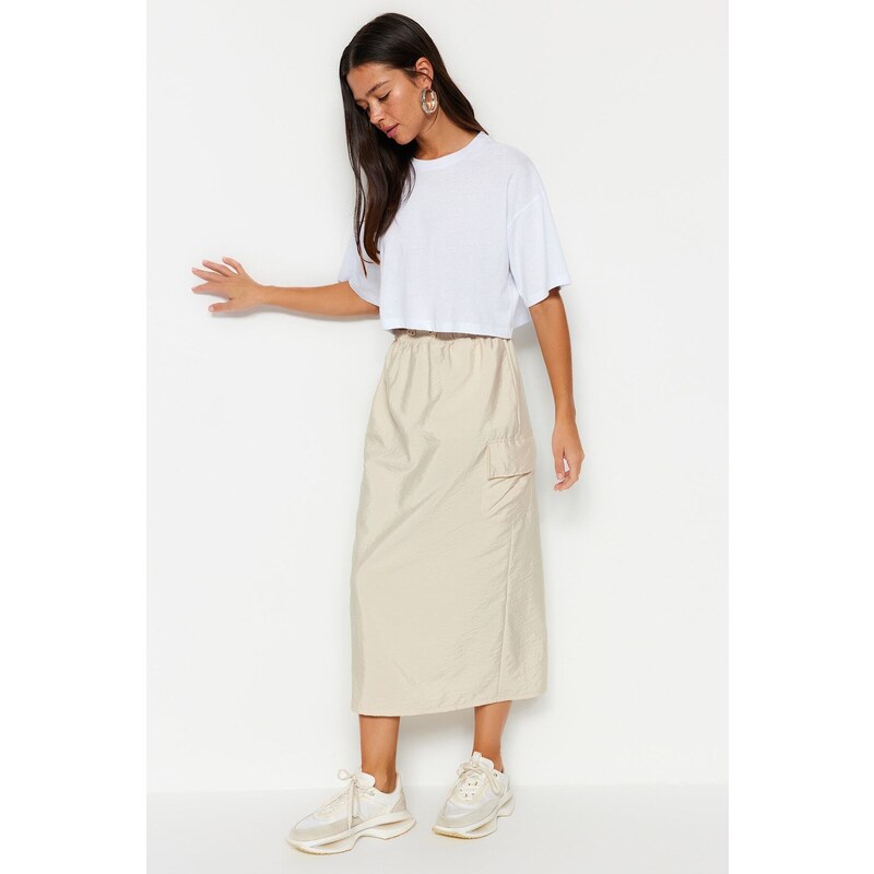 Trendyol Ecru Pocket Parachute Fabric Slit Woven Skirt