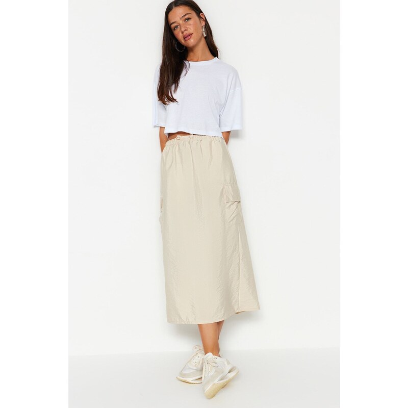 Trendyol Ecru Pocket Parachute Fabric Slit Woven Skirt