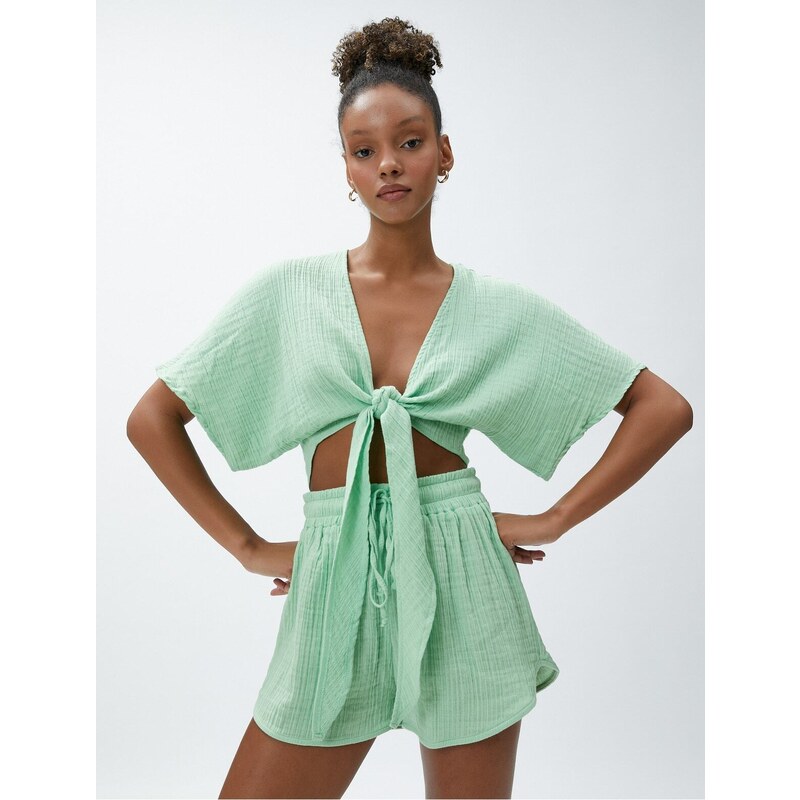 Koton Crop Yoga T-Shirt Muslin Kimono Look with Tie Detail.