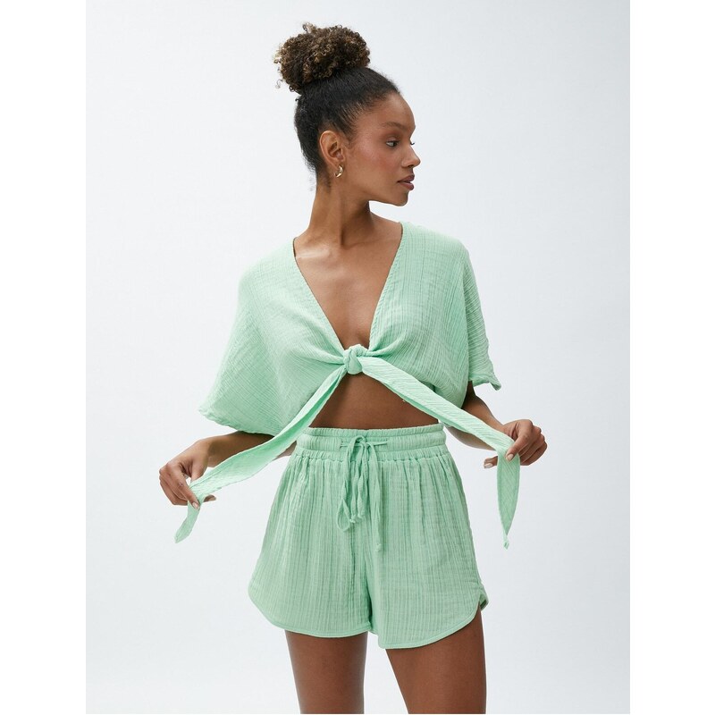 Koton Crop Yoga T-Shirt Muslin Kimono Look with Tie Detail.