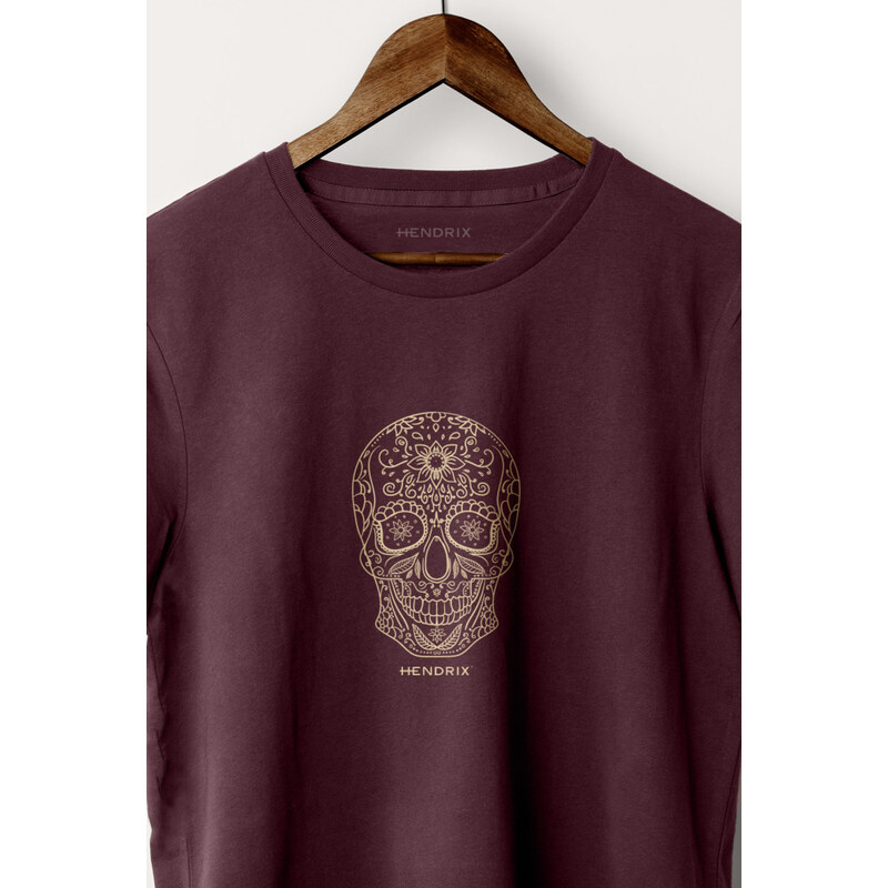 Tričko, Barva Bordó, s Potiskem Mandala Skull