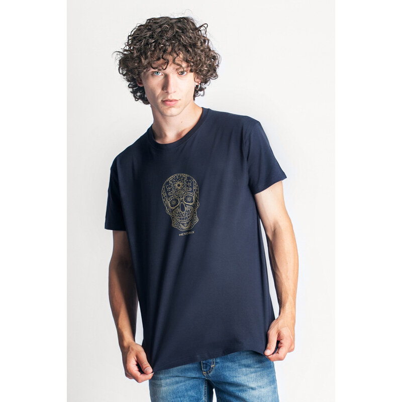 Tričko, Barva Modrá, s Potiskem Mandala Skull