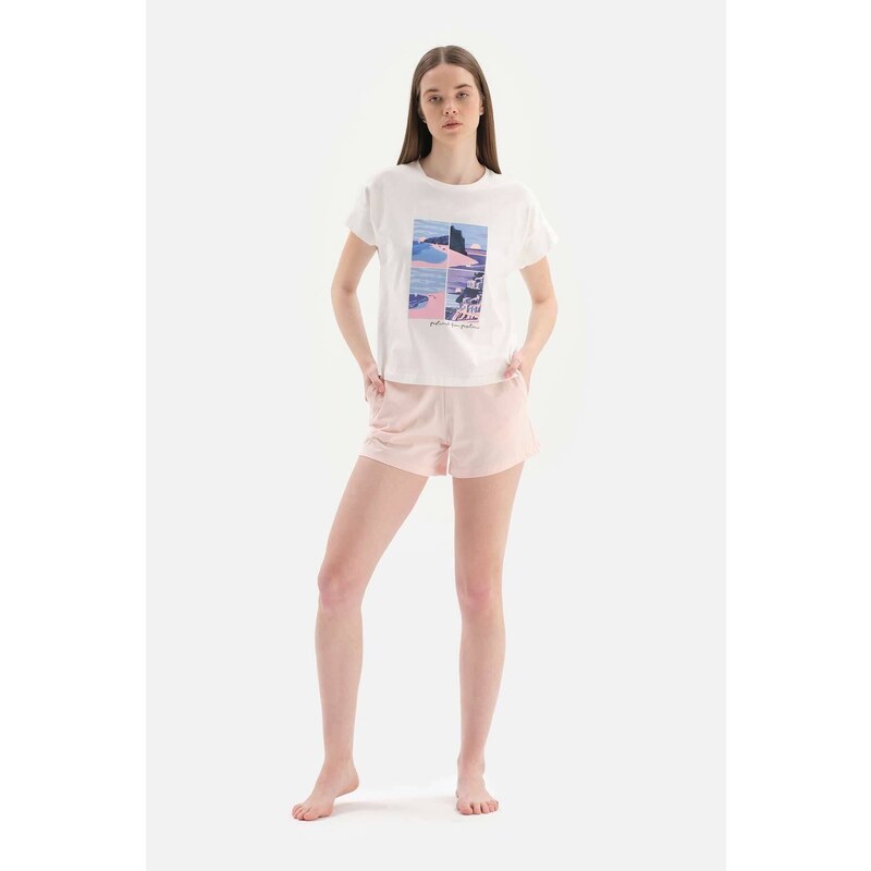 Dagi White Crew Neck Printed Cotton Shorts Pajamas Set