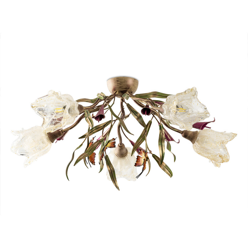 Light for home - Pohádkový designový přisazený lustr ve floristickém stylu 4805 "EDEN", 5x40W, E14, béžová, zelená, měď, růžová