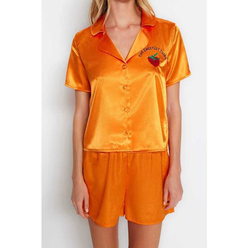 Trendyol Orange Embroidered Satin Shirt-Short Woven Pajamas Set