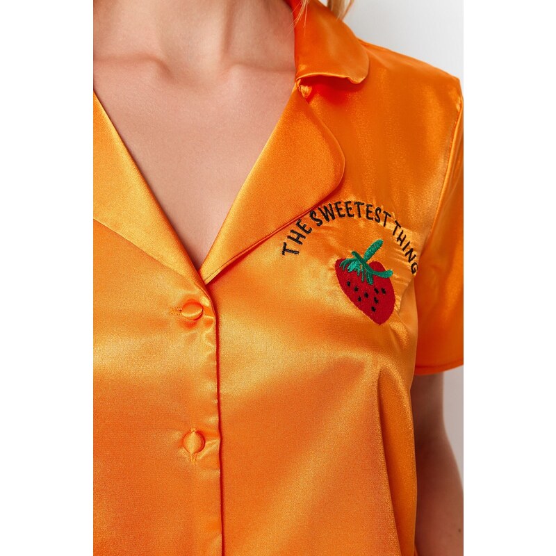 Trendyol Orange Embroidered Satin Shirt-Short Woven Pajamas Set