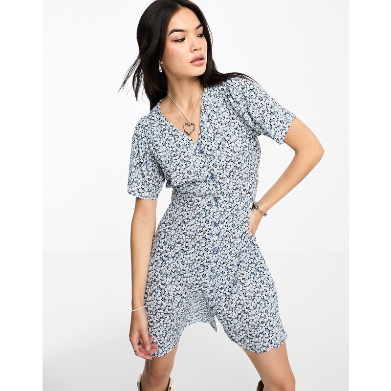ONLY v neck tie waist mini dress in blue floral