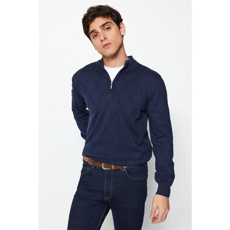 Trendyol Navy Blue Men's Slim Fit Half Turtleneck Zippered Cotton Smart Knitwear Sweater