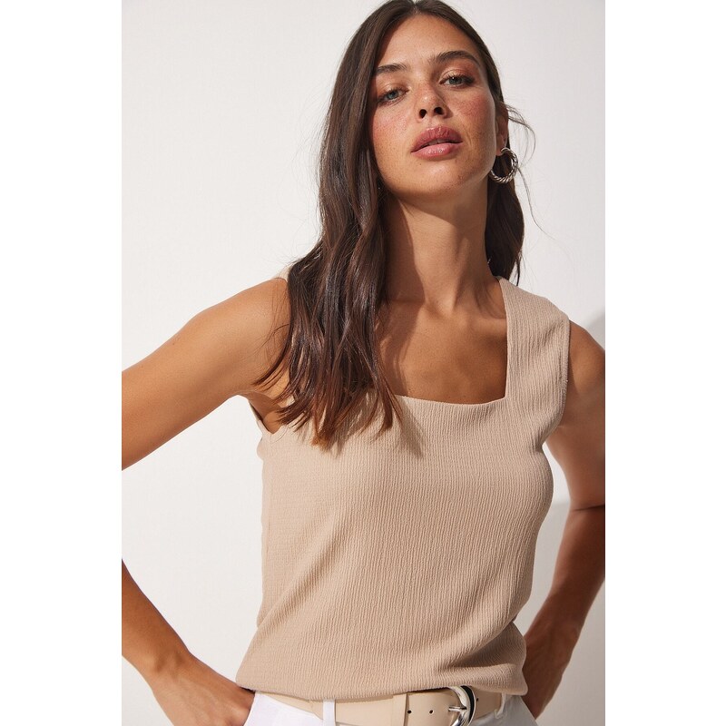 Happiness İstanbul Women's Beige Square Collar Knitted Blouse