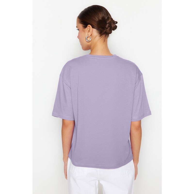 Trendyol Lilac 100% Cotton Slogan Printed Relaxed Crewneck Knitted T-Shirt